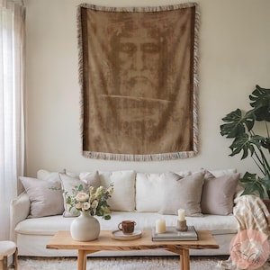 Shroud of Turin Blanket Religious Throw, Christian Gifts idea, Unique Faith Gift Woven Art, Sacred Replica Jesus Relic, Custom Woven gift