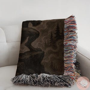 Bigfoot Cryptid Blanket, Sasquatch Throw Blanket, Mystical Creature Decor, Forest Artwork Blanket, Cozy Fringe Blanket for Gift