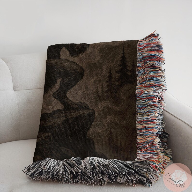 Bigfoot Cryptid Blanket, Sasquatch Throw Blanket, Mystical Creature Decor, Forest Artwork Blanket, Cozy Fringe Blanket for Gift