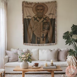 Saint Nicholas Orthodox Icon Blanket | Sveti Nikola Woven Slava Gift | Serbian Christian Decor, Eastern Orthodox Tradition