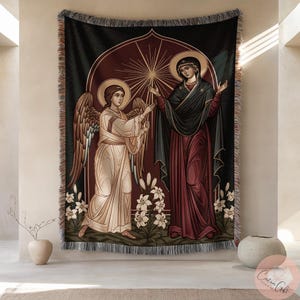 Bebådelsens vävda filt, Jungfru Maria-ikon, ärkeängeln Gabriel, religiös kristen konst, katolsk och ortodox påskvävd filt, helig