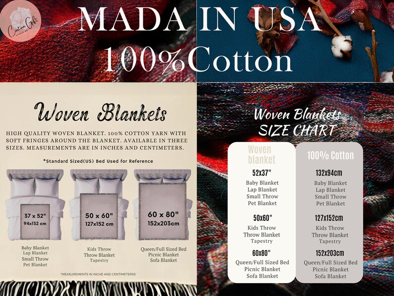 Woven Blankets, 100 Percent Cotton Yarn, Made in USA, Available in Three Sizes, Perfect for Warmth and Comfort, Cozy Home Decor
