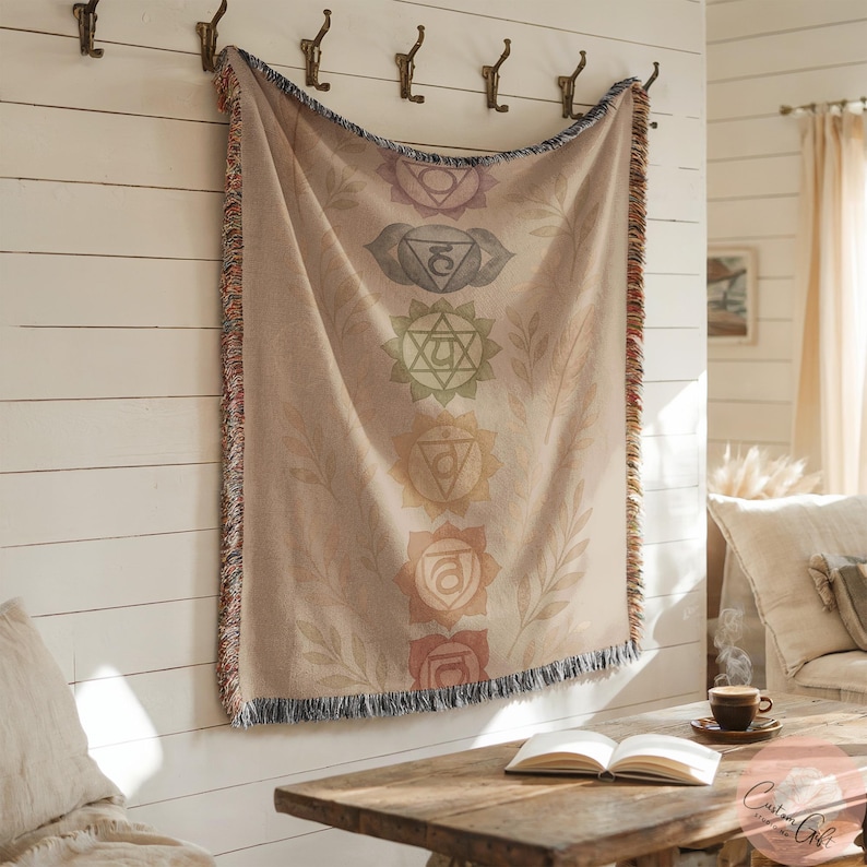 Cozy chakras throw blanket, Bohemian chic home decor, Colorful tassel throw, Spiritual resting blanket, Couch and bed accessory