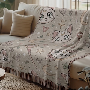 Manta tejida con adorables gatos, luna y estrellas, suave y acogedora, ideal como regalo para los amantes de los gatos.