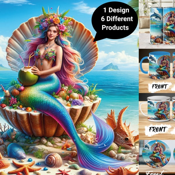 Mermaid Fantasy Art Tumbler Mug Ornament Set, Ocean Themed Drinkware and Decor, Unique Gift Items, Colorful Beach Art Collection