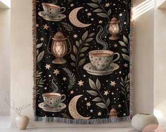 Vintage Tea Cups Lanterns Moon Woven Blanket Cozy Boho Throw Twilight Design, Celestial Night Pillow, Tea Cup Stars Decor