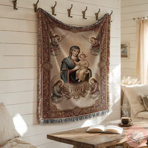 Mother Mary and Baby Jesus Throw Blanket, Religious Tapestry Blanket, Holy Family Decor, Sacred Art Bedding, Angelic Presence Quilt