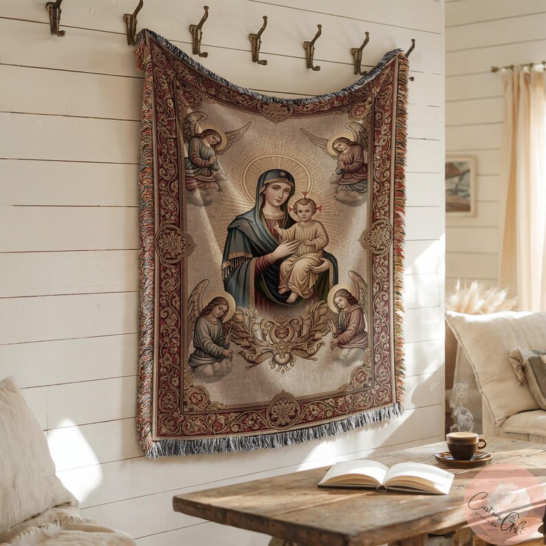 Mother Mary and Baby Jesus Throw Blanket, Religious Tapestry Blanket, Holy Family Decor, Sacred Art Bedding, Angelic Presence Quilt
