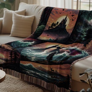 Fantasy Castle Woven Blanket or Pillow Sunset Landscape Throw Moody Decor Gothic Home Decor Mythical Art Fringed Blanket Wall Hanging