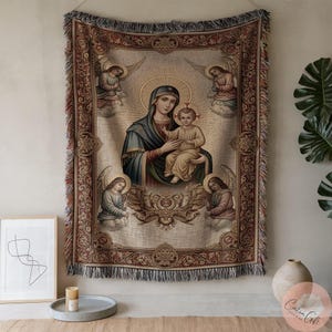 Religious Tapestry Blanket, Angelic Figure Home Decor Throw, Ornate Design Couch Cover, Sacred Scene Woven Blanket Axel