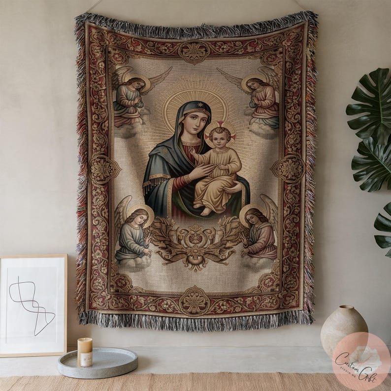 Religious Tapestry Blanket, Angelic Figure Home Decor Throw, Ornate Design Couch Cover, Sacred Scene Woven Blanket Axel