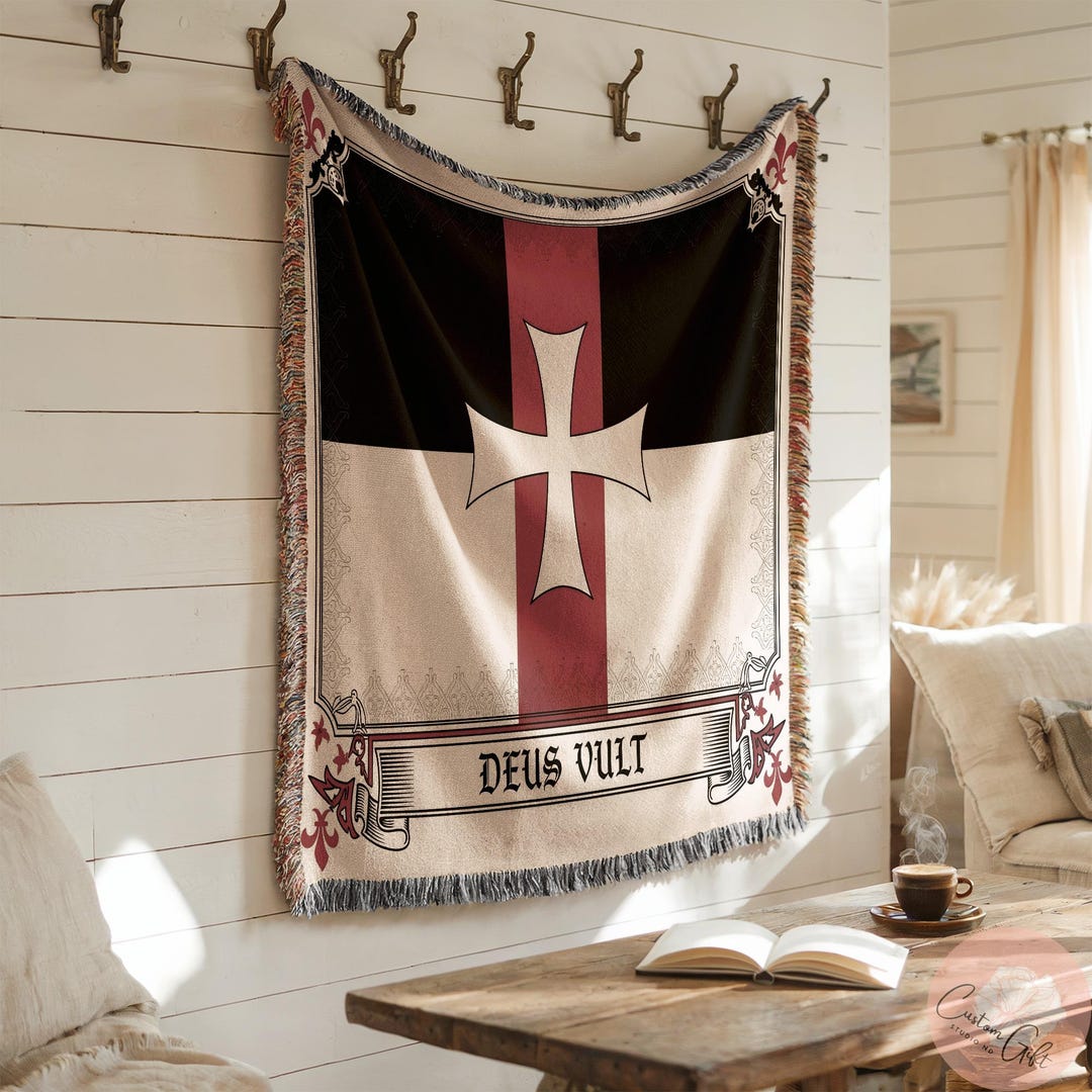 Templar Cross Deus Vult Woven Blanket, Medieval Knights Templar Flag