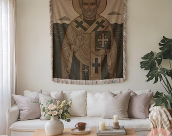 Saint Nicholas Orthodox Icon Blanket | Sveti Nikola Woven Pillow | Slava Gift idea | Serbian Christian Decor, Greek Orthodox Icons