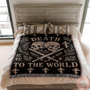 Gothic Skull Blanket, Death to the World Bedspread, Dark Aesthetic Home Decor, Grim Reaper Throw, Spooky Bedroom Decoration