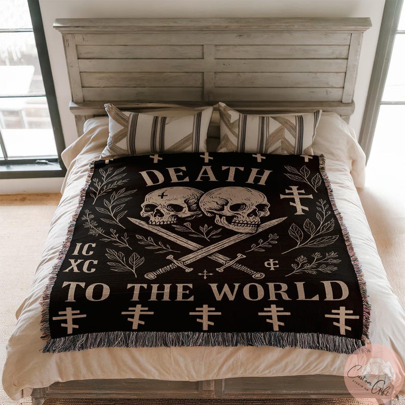 Gothic Skull Blanket, Death to the World Bedspread, Dark Aesthetic Home Decor, Grim Reaper Throw, Spooky Bedroom Decoration