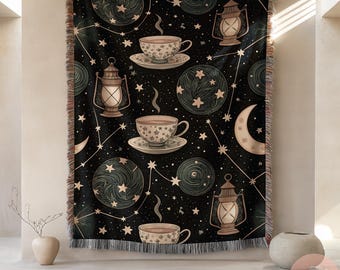 Celestial Teacup Pattern Woven Blanket, Woven Throw Blanket with Starry Night Theme, Cozy Decorative Blanket for Couch or Bed