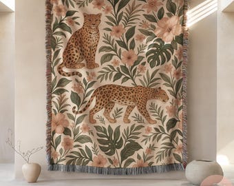 Leopard Woven Blanket or Pillow Tropical Floral Home Decor Surreal Room Tapestry Animal Print Gift Jungle Theme Throw Blanket