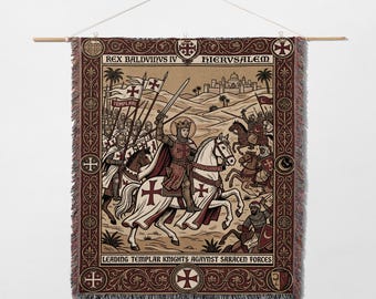 May include: A tapestry depicting a medieval battle scene with text that reads "REX BALDVINVS IV HIERVSALEM" and "LEADING TEMPLAR KNIGHTS AGAYNST SARACEN FORCES." The artwork features knights on horseback, flags, and a castle in the background. The tapestry is in shades of brown, red, and beige.
