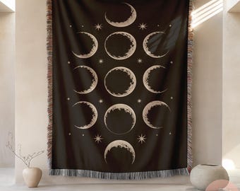 Moon Phases Woven Blanket, Celestial Woven Blanket, Stars, Moon Child Gift, Mystical Woven Blanket,Night Sky Decor,Gifted Gifts,Gift for Him