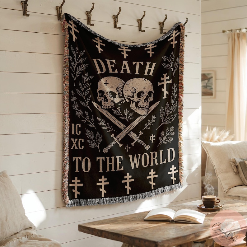 Death To The World Blanket, Skull and Crossbones Tapestry, Gothic Wall Hanging, Edgy Home Decor, Halloween Decoration, Unique Gift Idea