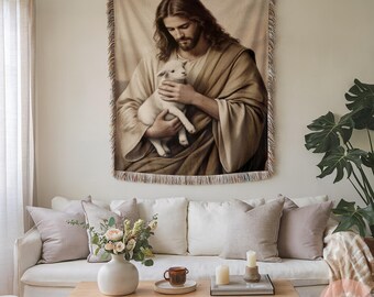 Good Shepherd Blanket, Jesus with Lamb Orthodox Icon Woven Throw, Serbian Christian Wall Hanging, Religious Home Gift