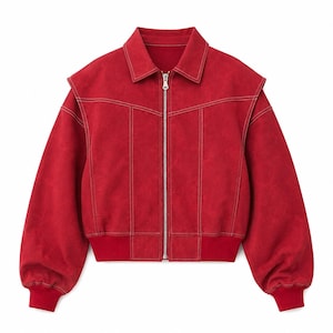 Puede incluir: Una chaqueta roja con cuello vuelto, cierre de cremallera frontal en tono plateado y mangas largas con puños acanalados. La prenda incluye un dobladillo acanalado rojo a juego y costuras blancas en contraste a lo largo de las costuras.