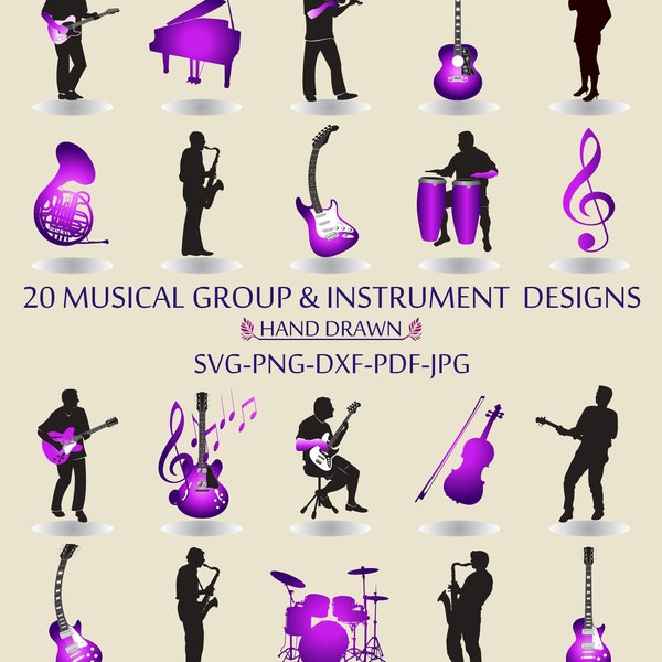 Musikalische Gruppe svg, Musikinstrument svg, Musiker, Png, Dxf, Pdf, Jpg, Rockstar, Gitarre, Klavier, Geige, Bongo-Trommeln, Signalhorn, Hand gezeichnet