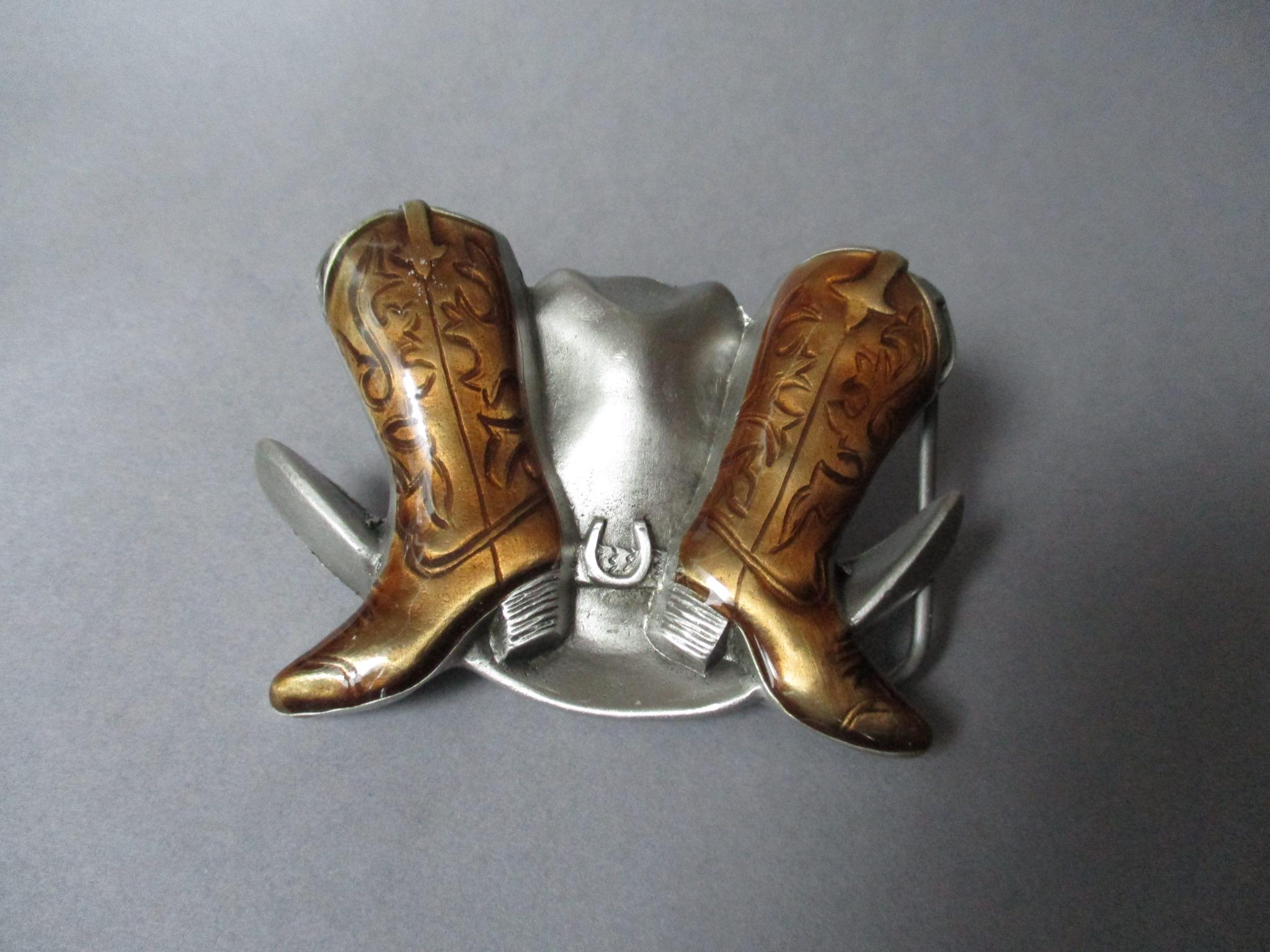 Vintage‎ Solid Pewter Western Belt Buckle Cowboy Cowgirl Boots USA 4\