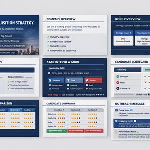 May include: A series of digital documents in blue and white, detailing talent acquisition strategy, company overview, and role overview. The documents include job descriptions, candidate comparisons, and interview guides. Text and graphics are used throughout the documents.