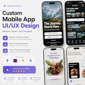 May include: A digital presentation of custom mobile app UI/UX design services featuring six smartphone screens displaying various travel, food, and furniture shopping interfaces with text overlays including Premium Service and Custom Mobile App UI/UX Design.