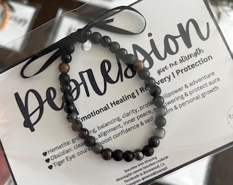 Depression Handmade Bracelet - Emotional Healing - Recovery - Protection - Hematite- Magnetic Stone -Obsidian - Peace - Cleansing- Tiger Eye