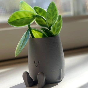 May include: A gray ceramic planter shaped like a person with a smiling face and legs. The planter is filled with a green plant.