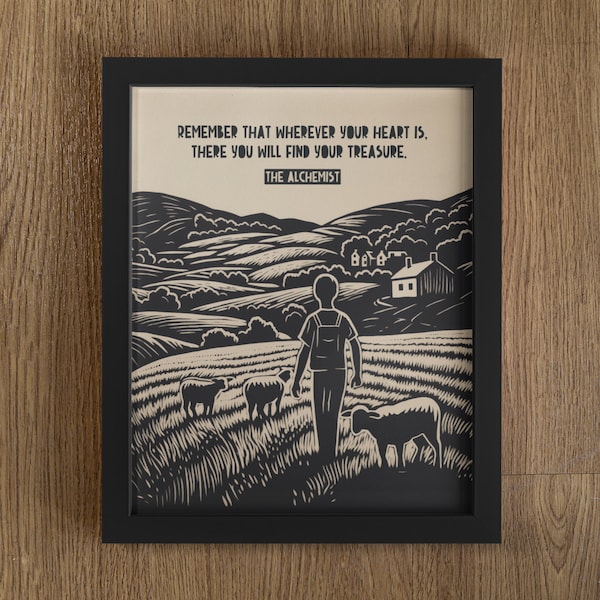 De alchemist-print, citaten van Paulo Coelho, de alchemist-poster, de alchemist-boekposter, lino-stijl print, vind je schat