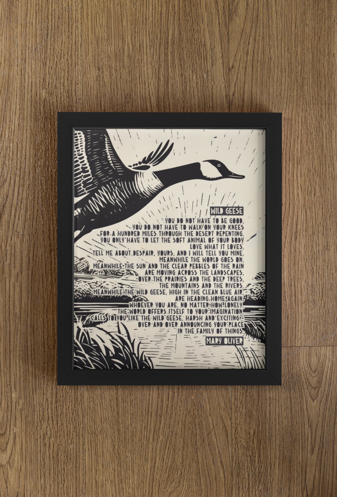Wild Geese by Mary Oliver, Mary Oliver Print, Mary Oliver Poem, Lino Style Art, Goose Print