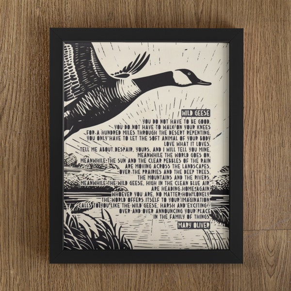 Wild Geese By Mary Oliver, Mary Oliver Print, Mary Oliver Poem, Lino Style Art, Goose Print, Nature Print, Poetry Print, Poetry