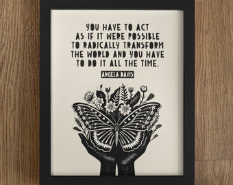 Angela Davis Poster Radically Transform The World, Angela Davis Print, Angela Davis Quote, Lino Style, Mindset Is Everything, Mindset Quote