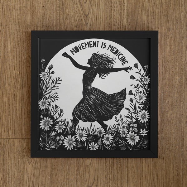 Beweging is medicijn, quote kunst, quote print, yoga quote, yoga art print, lino style print, block style art print
