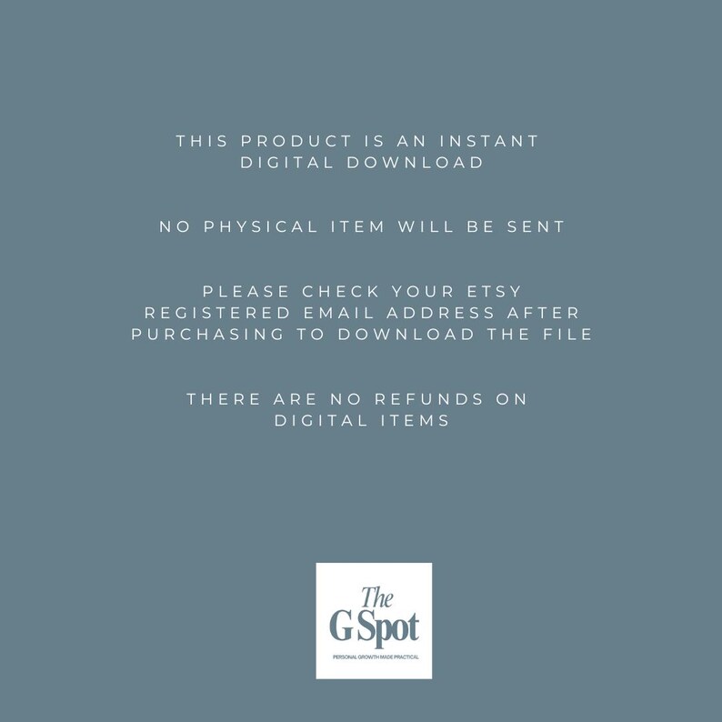 Op de afbeelding: Een teal-kleurige afbeelding met witte tekst die aangeeft dat dit product een digitale download is, er wordt geen fysiek item verzonden. Er staat ook dat je de Etsy-geregistreerde e-mail moet controleren om het bestand te downloaden en dat er geen restitutie is. Het G Spot-logo staat rechtsonder.