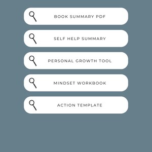 Op de afbeelding: Een tealblauwe achtergrond met vijf witte ovalen, elk met een vergrootglas-pictogram. De tekst op de ovalen luidt: "BOOK SUMMARY PDF", "SELF HELP SUMMARY", "PERSONAL GROWTH TOOL", "MINDSET WORKBOOK" en "ACTION TEMPLATE".