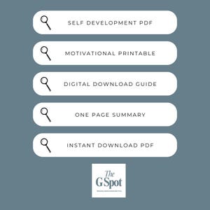 Op de afbeelding: Een teal grafiek met witte afgeronde rechthoeken met tekst en vergrootglas iconen. De tekst bevat "SELF DEVELOPMENT PDF", "MOTIVATIONAL PRINTABLE", "DIGITAL DOWNLOAD GUIDE", "ONE PAGE SUMMARY" en "INSTANT DOWNLOAD PDF". Het G Spot logo staat onderaan.