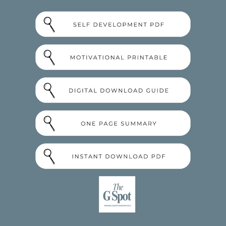 Op de afbeelding: Een teal grafiek met witte afgeronde rechthoeken met tekst en vergrootglas iconen. De tekst bevat "SELF DEVELOPMENT PDF", "MOTIVATIONAL PRINTABLE", "DIGITAL DOWNLOAD GUIDE", "ONE PAGE SUMMARY" en "INSTANT DOWNLOAD PDF". Het G Spot logo staat onderaan.