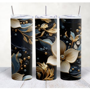 3D Golden Blue Flowers 20 oz Skinny Tumbler Sublimation Design, 3D Tumbler Wrap , Straight and Tapered Tumbler Wrap