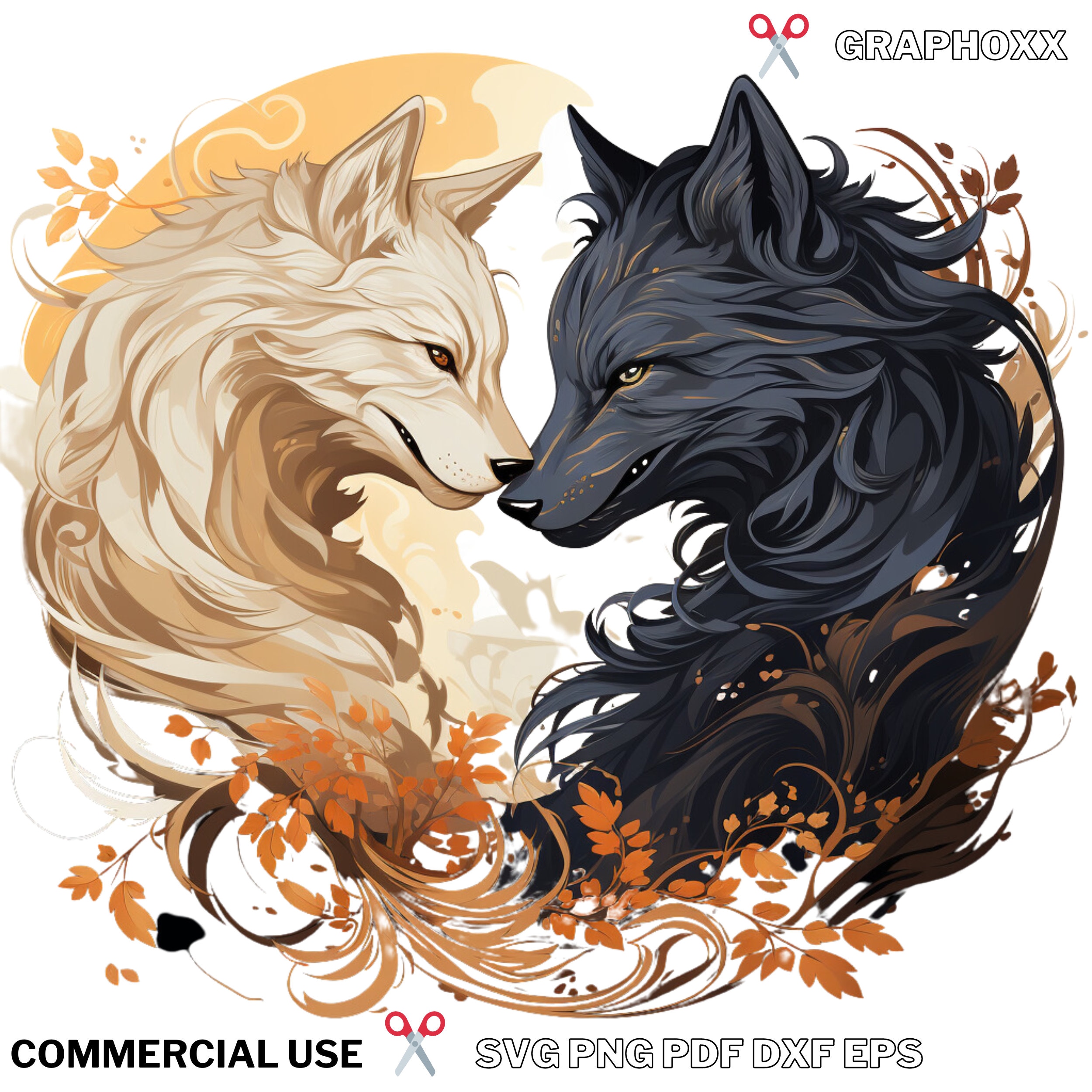 Yin Yang Symbol PNG Shown With Two Wolf Faces, in the Style