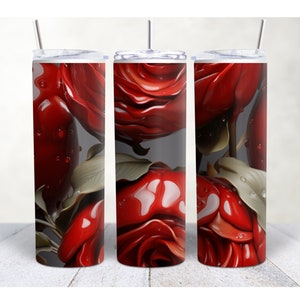 3D Puffy Strawberry with Roses  20 oz Skinny Tumbler Sublimation Design, 3D Tumbler Wrap for women, Straight and Tapered Tumbler Wrap