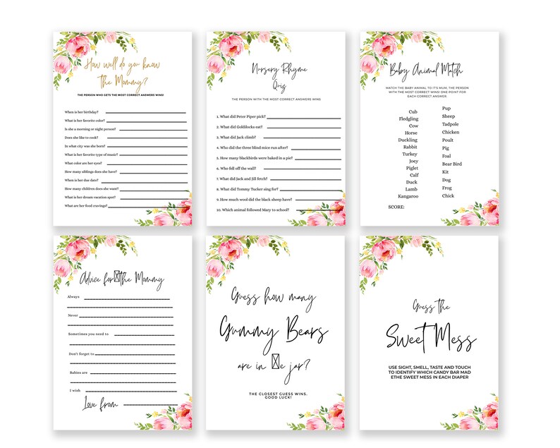 Floral Baby Shower Game Set - 5 Fun Printable Games For 50 Guests, Includes Prediction, Emoji Bingo & Who Knows Mommy - View #10