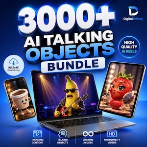 May include: A digital bundle featuring 3000+ AI talking objects, displayed on a laptop, tablet, and smartphone. The screen shows a banana playing guitar, a strawberry applying makeup, and a coffee cup character. Text includes DigitalValleey.