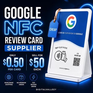 Może przedstawiać: Biały stojak na kartę z opiniami Google NFC z niebiesko-białym znakiem zawierającym logo Google, tekst LEAVE US YOUR REVIEW ON GOOGLE, kod QR oraz niebieską zawieszkę z napisem CHEAP. Wyświetlacz zawiera instrukcje dotyczące zbliżeniowego dotknięcia.