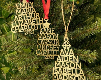 Ornement de Noël familial en bois - Ornement d’arbre de Noël personnalisé avec noms de famille - Ornement de nom d’arbre de Noël en bois avec couleur