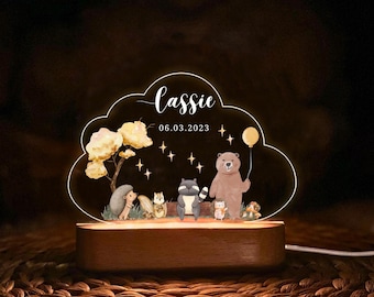 Personalized Baby Night Light - Custom Woodland Animal LED Lamp - Bear & Forest Friends Nursery Decor - Unique Baby Gift - Birthday Gift