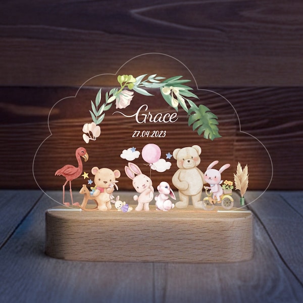 Personalized baby and kids name night light for Kids|Customized Name Gift for Baby | baby night light | Flamingo Nightlight with Bear,Rabbit